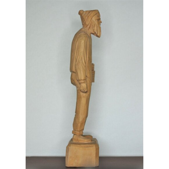 Vintage Hand Carved Wood Sculpture Quebec T. Picard 13" Bearded Man With Basket - Picture 4 of 8